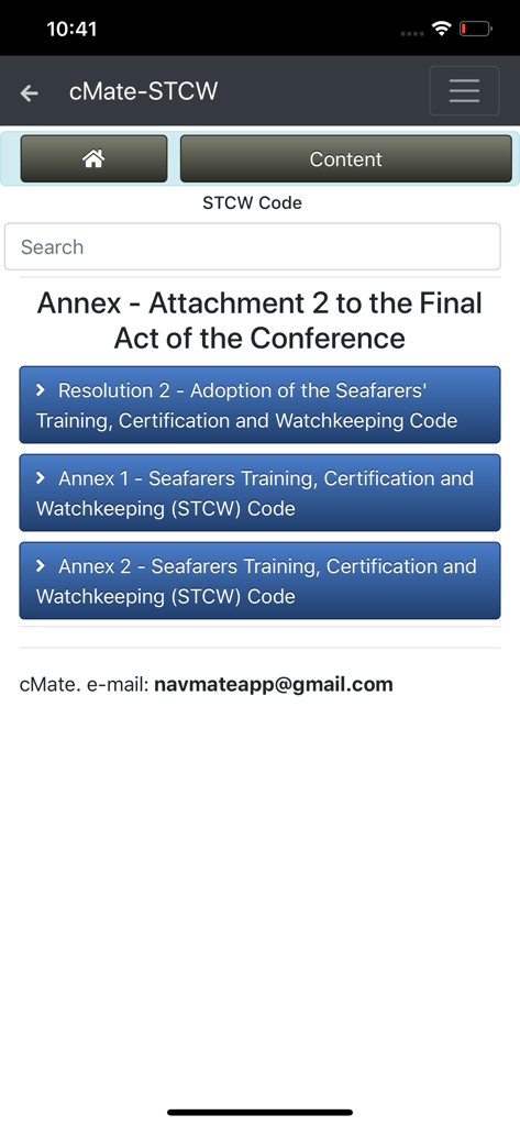 cMate-STCW - cMate-STCW app screen displaying the table of contents for maritime training and certification codes