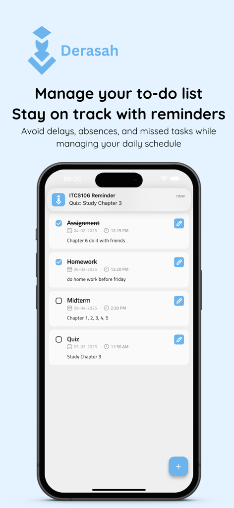Derasah - Interface do aplicativo Derasah mostrando uma lista de tarefas acadêmicas de estudantes com lembretes e tarefas de estudo