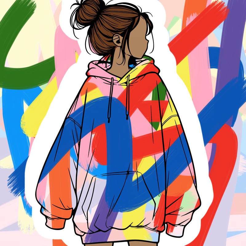 realistic girl with a oversized sweatshirt on and a bun