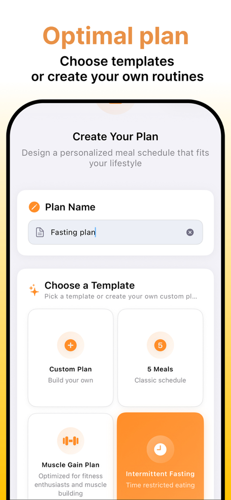Meal Reminder - MealNow - MealNow app interface showing options to create a custom meal plan or choose from templates like intermittent fasting.