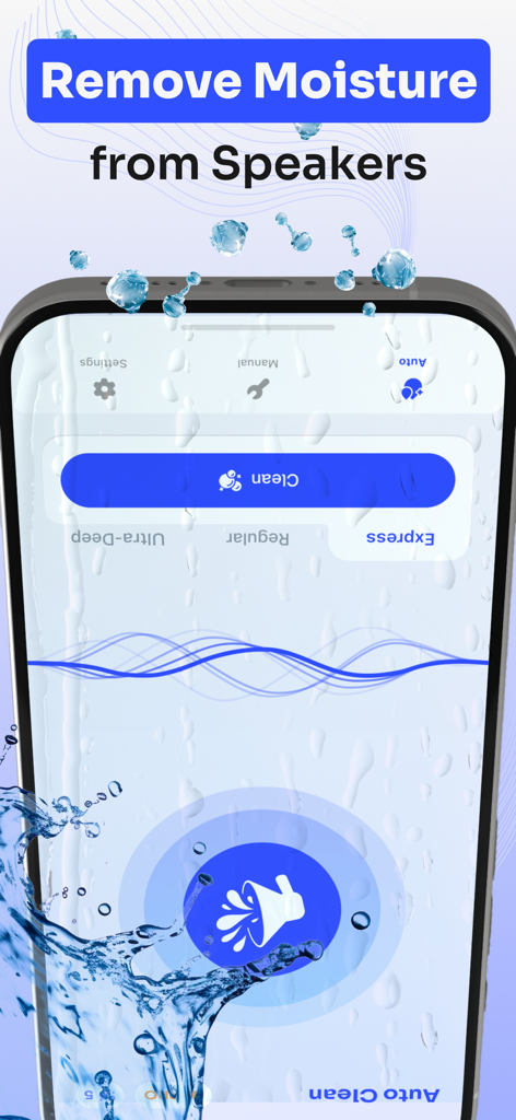 Speaker Cleaner · Water Eject - iPhone screen displaying Speaker Cleaner app interface with water eject mode and remove moisture headline