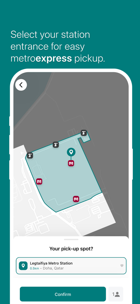 Interface of Karwa Official app for selecting a metroexpress pickup spot at Legtaifiya Metro Station in Doha