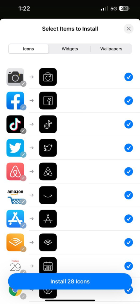 Interfaz de la aplicación ScreenKit que muestra una lista de iconos estéticos minimalistas listos para instalar
