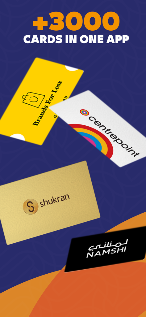 LikeCard - LikeCard app display showing over 3000 gift cards including Brands For Less Centrepoint Shukran and Namshi