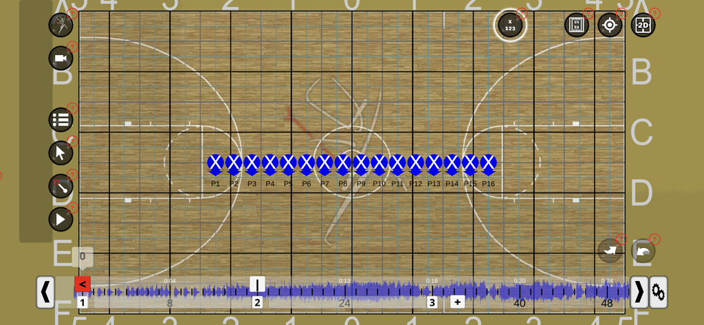 Pyware 3D - Pyware 3D mobile interface showing a marching drill formation on a basketball court grid.