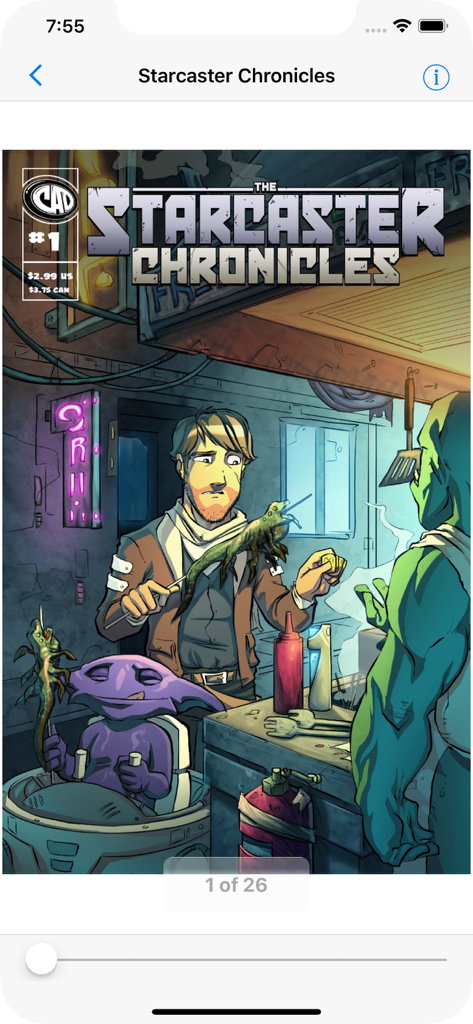 Comic Book Viewer app displaying the cover page of Starcaster Chronicles comic.