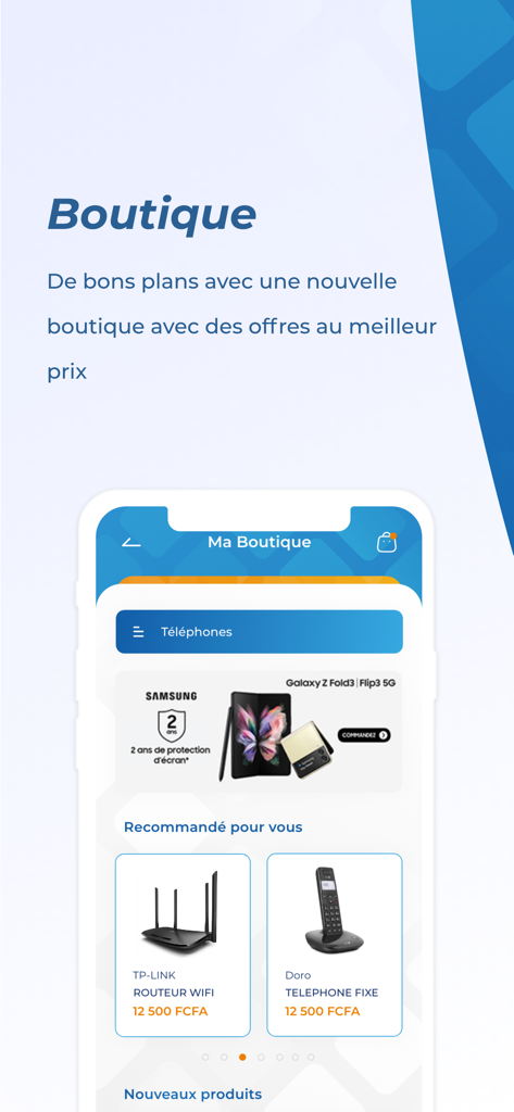MyMoov app boutique interface showing mobile phones and wifi routers available for purchase in Ivory Coast