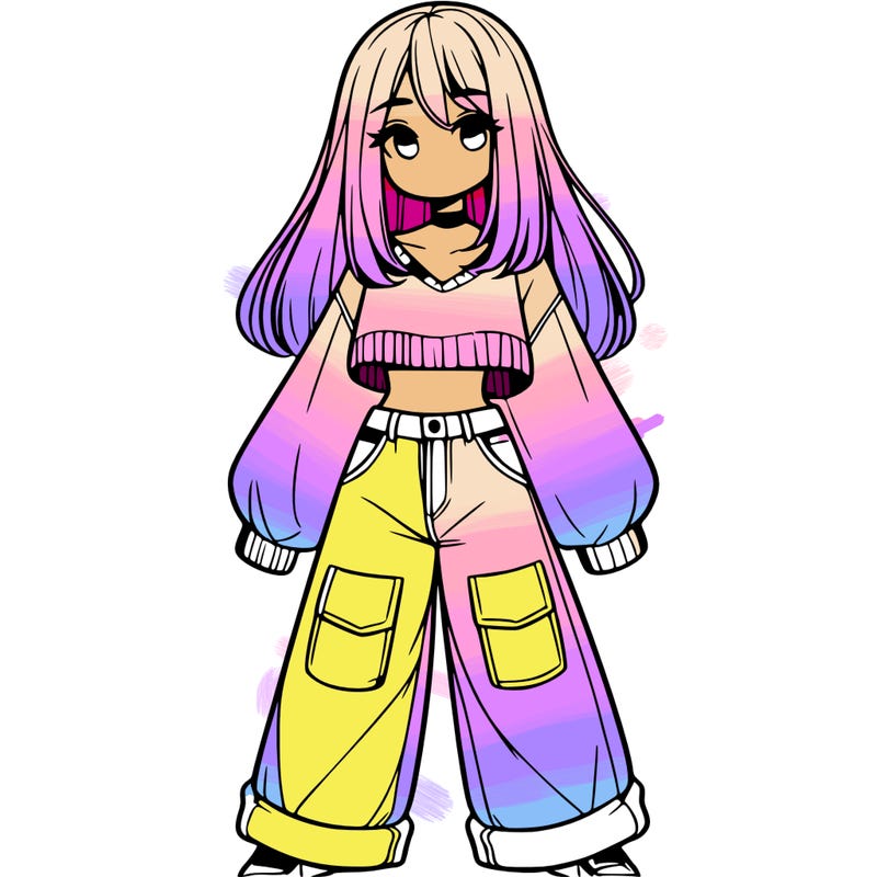 cute girl with straight hair in baggy jeans and a crop top and a sweater