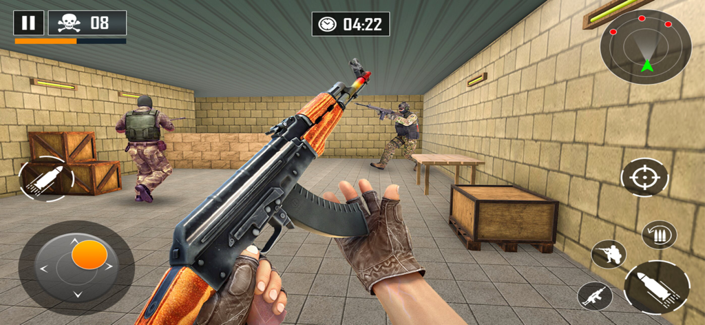 Fire Fury Max - First person view of a tactical shooter gameplay with an assault rifle.