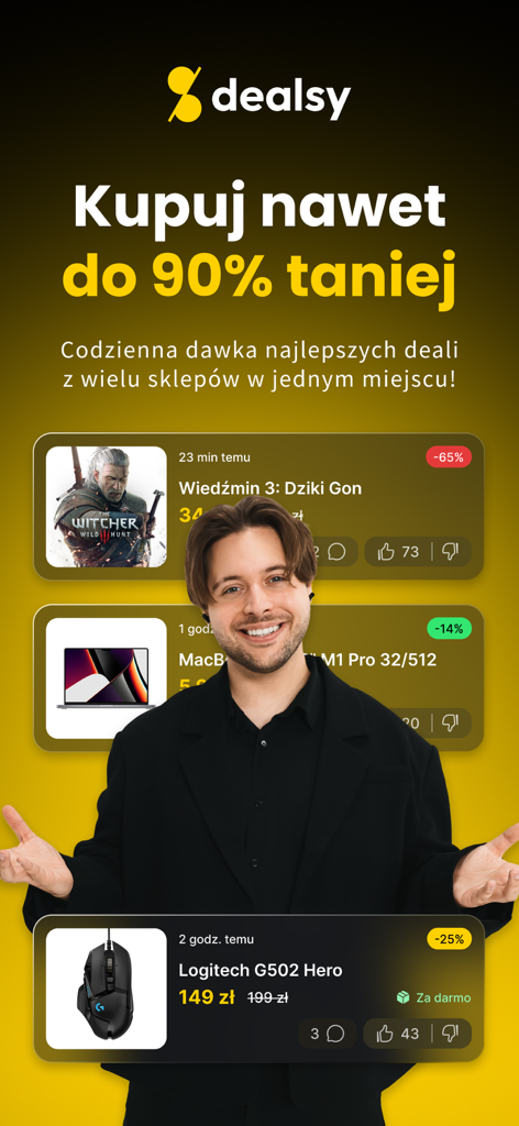 Dealsy mobile app interface showing deals on video games and tech gadgets