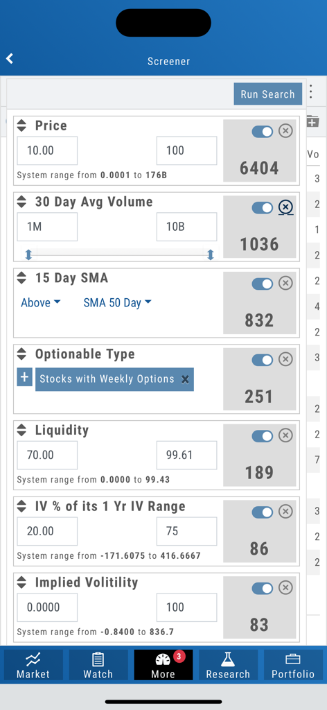 Trade Tool - Interface du screener boursier de l'application Trade Tool avec des filtres techniques avancés pour les traders actifs