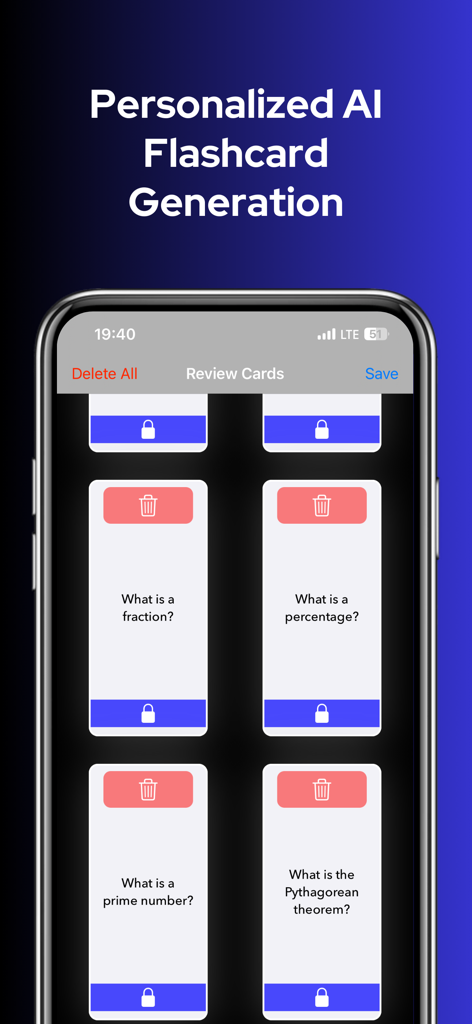 Recollio: AI Flash Cards Maker - Recollio app interface showing personalized AI flashcard generation with study cards for math and science