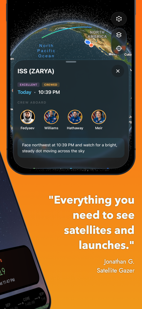 Flyby — ISS & Launch Tracker - Flyby app interface showing ISS tracking details with crew members and viewing instructions