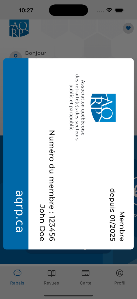 Aplicativo móvel AQRP exibindo um cartão de membro digital com informações de identificação do membro.