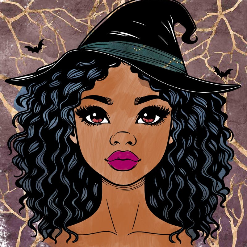realistic black girl with wavy hair and witch hat and nose and lips