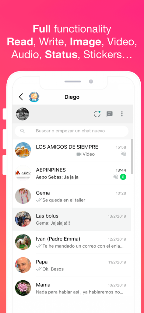 WhatsAgain for WhatsApp - La interfaz de la aplicación WhatsAgain muestra múltiples conversaciones de chat de WhatsApp y funciones compatibles.