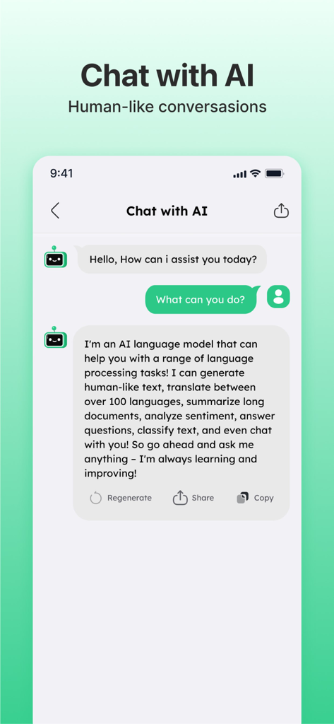 Interfaz del chatbot de Escritor IA mostrando una conversación similar a la humana sobre sus diversas capacidades de IA.