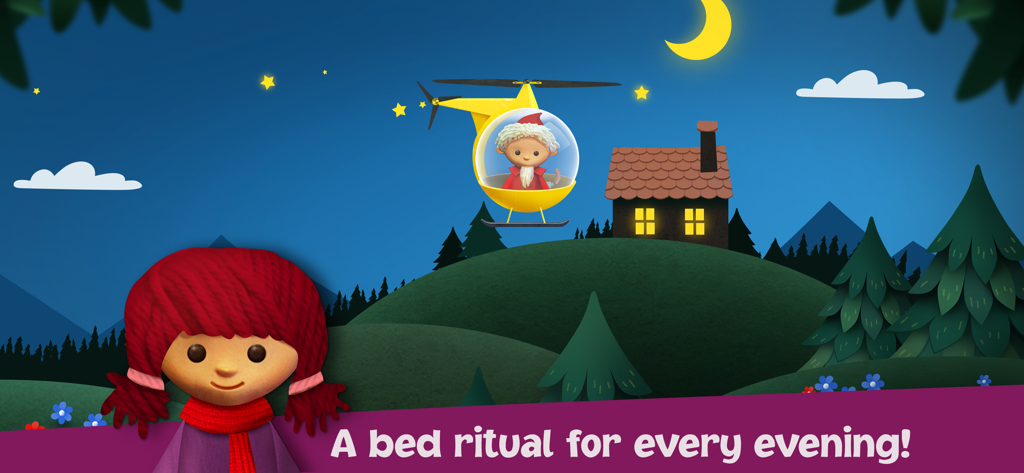 Unser Sandmännchen - Das Sandmännchen in einem gelben Hubschrauber fliegt über eine nächtliche Landschaft mit einer Mädchenfigur im Vordergrund