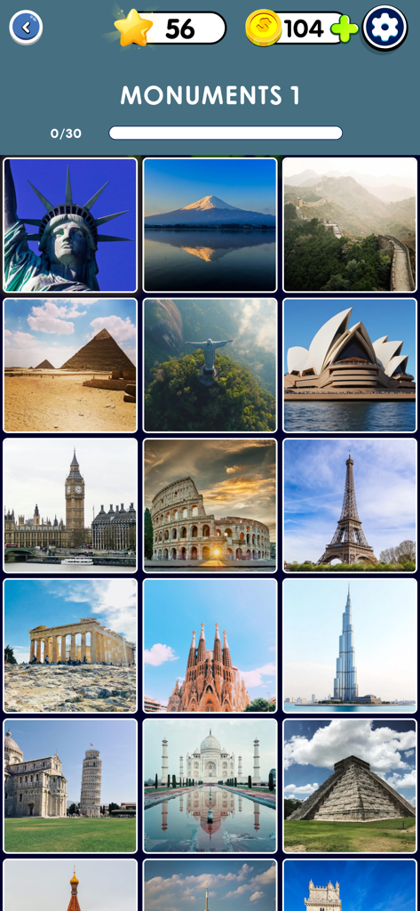 World Flags 2026: Brain Game - A grid of famous global landmarks in the World Flags 2026 brain game app including the Eiffel Tower and Taj Mahal