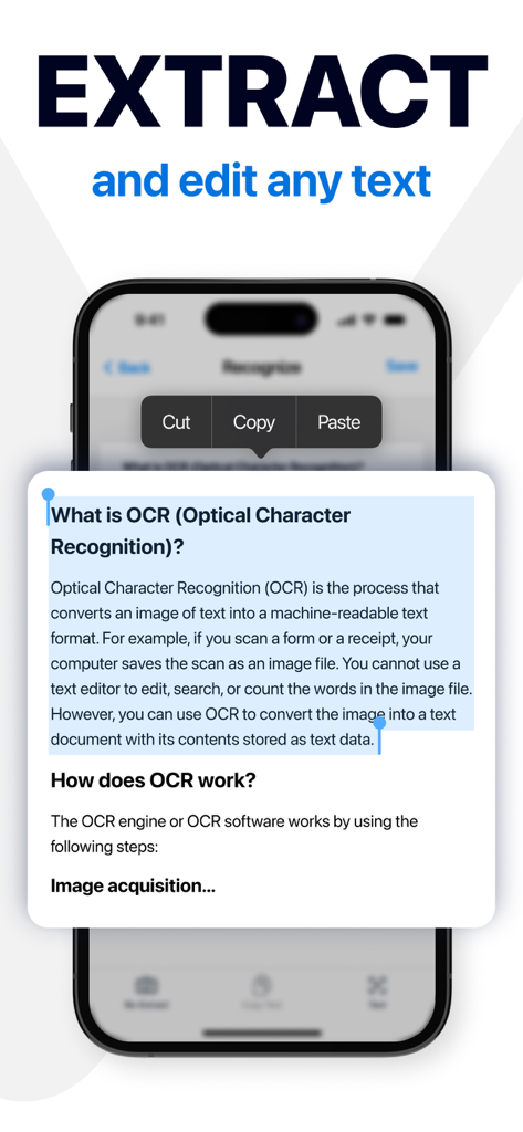 PDF Scanner - Fax, Sign & Edit - Interface d'application mobile montrant l'extraction et l'édition de texte OCR sur un document