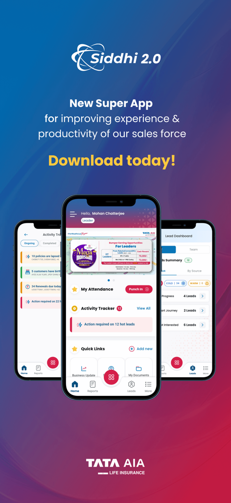 TATA AIA Siddhi 2.0 - Promotional image for TATA AIA Siddhi 2.0 super app displaying lead management activity tracking and sales agent dashboards