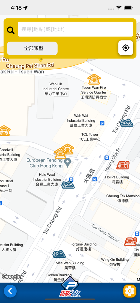 MotoPark馬路之友 HK Parking Report - Interfaz de mapa de la aplicación MotoPark HK que muestra ubicaciones de aparcamiento de coches y motos en Hong Kong