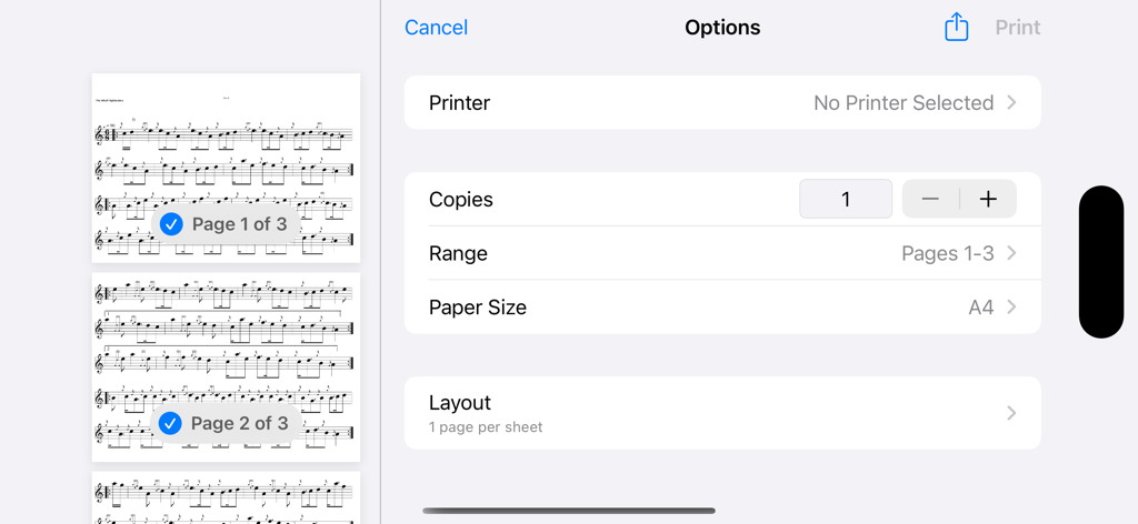 Bagpipe sheet music print preview and options screen on iPad
