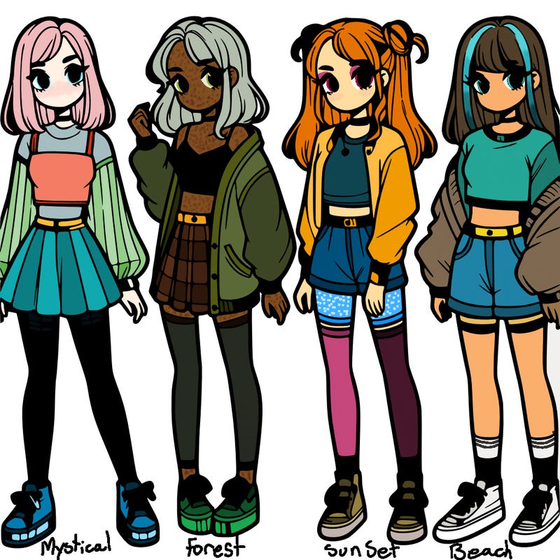 one girl with crop-top shirt and a jacket with a skirt, long socks and another girl with a shirt and pants with a jacket