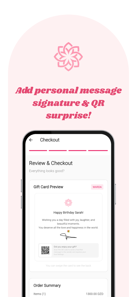 WARDA – Online Flowers & Gifts - Personalized gift card preview with a birthday message and QR code in the WARDA app.