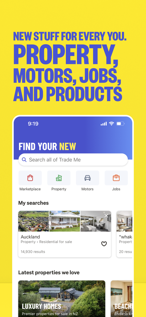 Trade Me: Property, Jobs, Shop - Startbildschirm der Trade Me App mit Kategorien für Marktplatz, Immobilien, Fahrzeuge und Jobs, mit einer Suchleiste und lokalen Angeboten.