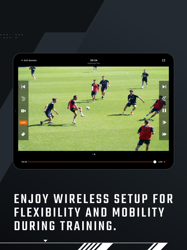 Hudl Replay - iPad displaying Hudl Replay app showing live soccer training video with real-time coaching analysis tools