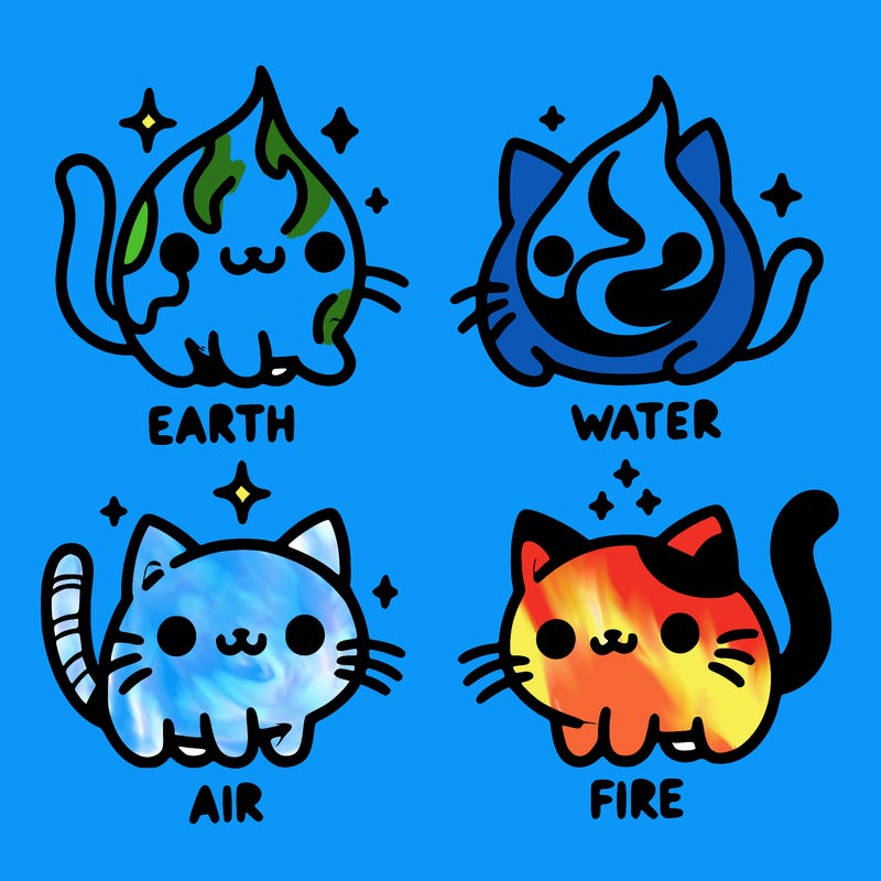 4 cats that represent the different elements, earth, water, air, and fire