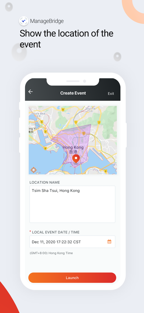ManageBridge - ManageBridge app interface for creating an event and selecting a geographical location on a map.