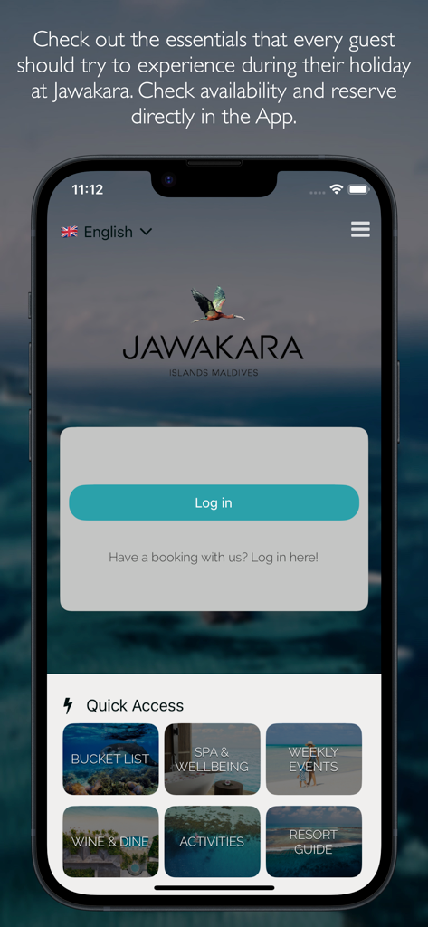 Jawakara - Jawakara app home screen showing the login button and quick access tiles for luxury resort activities and amenities.