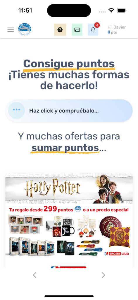Panel de la app Travel Club mostrando opciones para ganar puntos y canjearlos por recompensas temáticas de Harry Potter