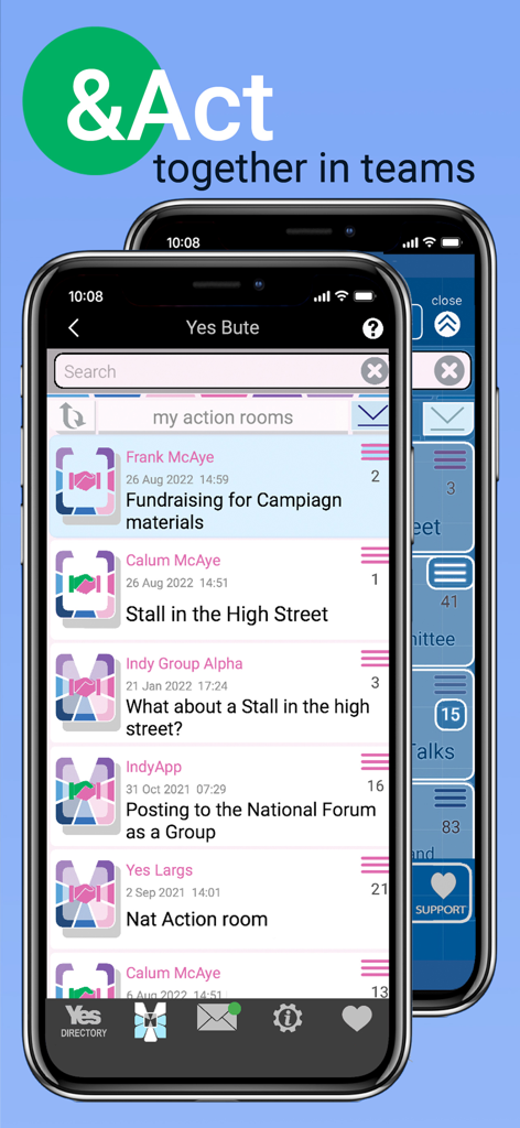 IndyApp for Yes - A mobile interface showing a list of grassroots campaign action rooms for coordinating political activities and team communication.