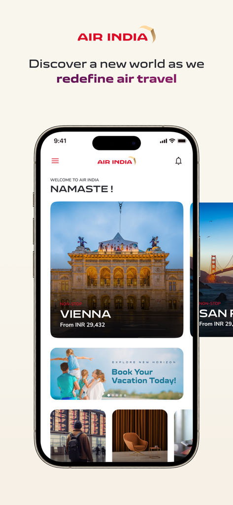 Air India: Book Flight Tickets - Schermata home dell'app Air India con carte di prenotazione voli e destinazioni di viaggio