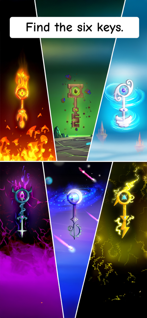 A puzzle screen from Detective IQ 2 showing six magical keys with different elemental themes like fire, space, and lightning