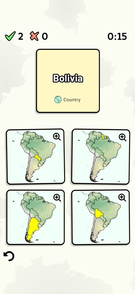 A geography quiz interface asking to identify Bolivia from four different South American map options with highlighted countries.