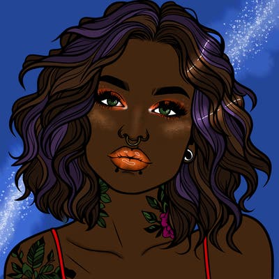 realistic woman with septum piercing and wavy hair and tattoos