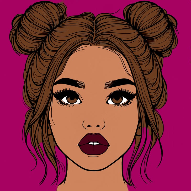 realistic girl with two buns on her hair and lips