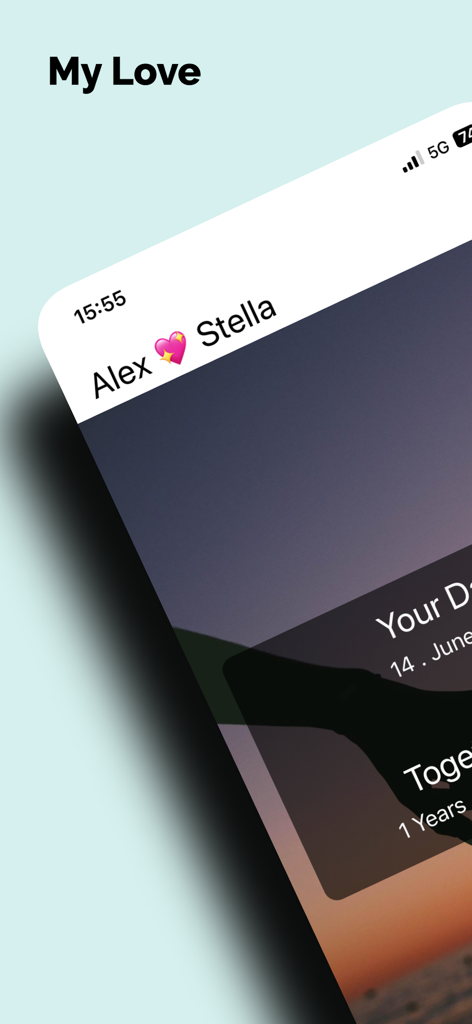 My Love - Couple Naughty Game - A mobile interface of the My Love app showing a couple anniversary tracker with the names Alex and Stella and a date counter