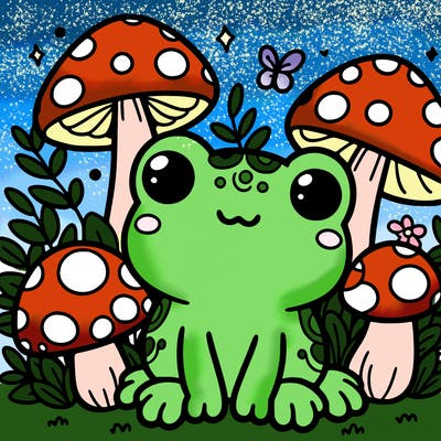 cute frog surrounded by mushrooms