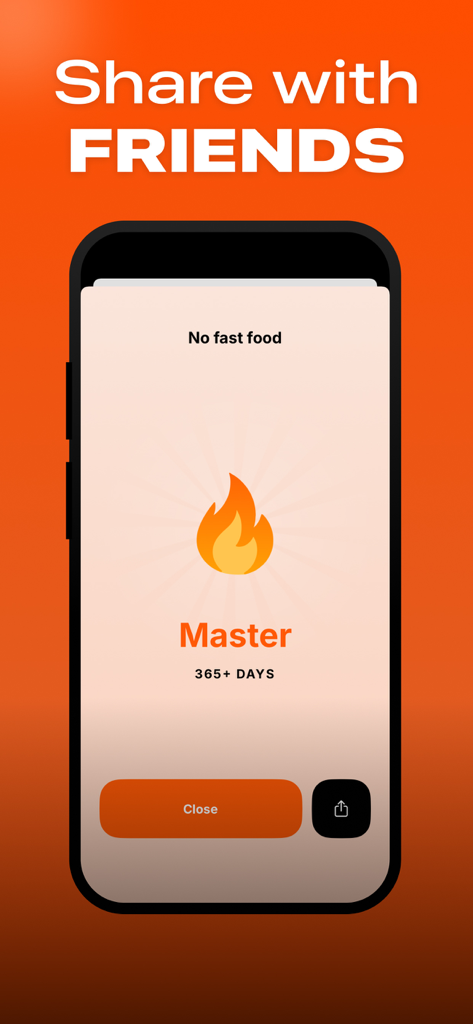 A smartphone screen showing a 365 day Master level streak for avoiding fast food with a share button