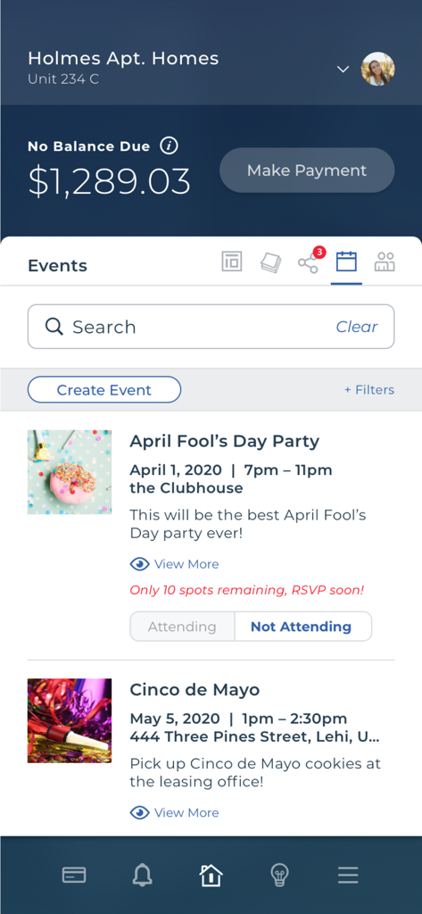 Greystar Resident App - Greystar Resident App community events screen showing apartment complex parties and resident account balance