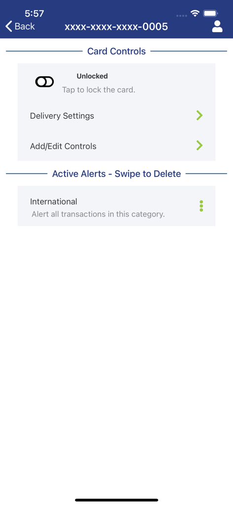 Advancial - Advancial mobile app interface showing card controls and active security alerts.