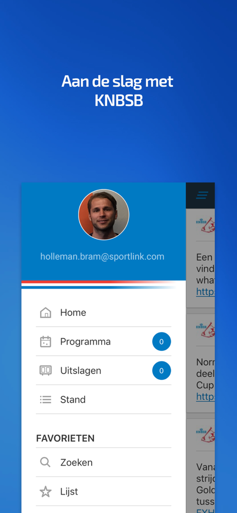 KNBSB Competitie - Navigation menu of the KNBSB Competitie app showing user profile and sports schedules