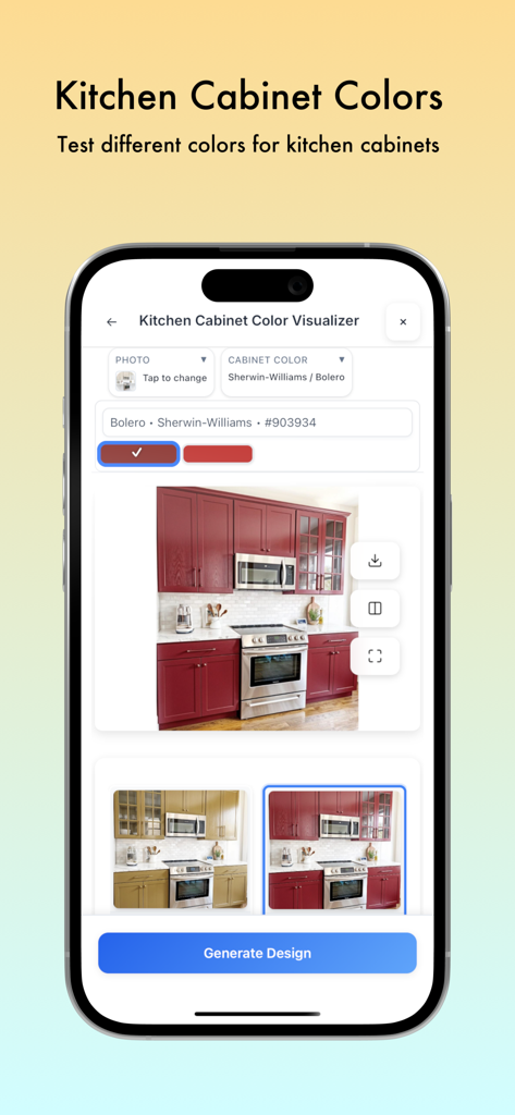 Écran de l'application mobile Decor8 AI montrant le visualiseur de couleur de portes de placard de cuisine avec des options de portes rouges et jaunes