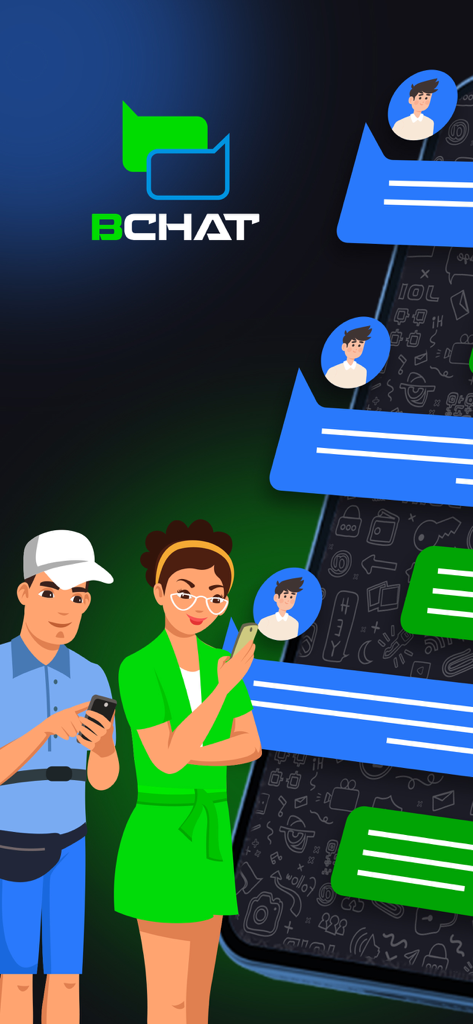 탈중앙화된 채팅 거품과 어두운 배경의 로고가 있는 BChat 메신저를 사용하는 만화 캐릭터