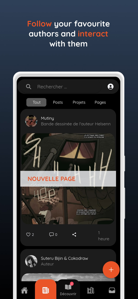 Mangadraft - Manga & Webtoons - Un fil d'actualité social dans l'application Mangadraft pour suivre et interagir avec les créateurs de mangas indépendants.